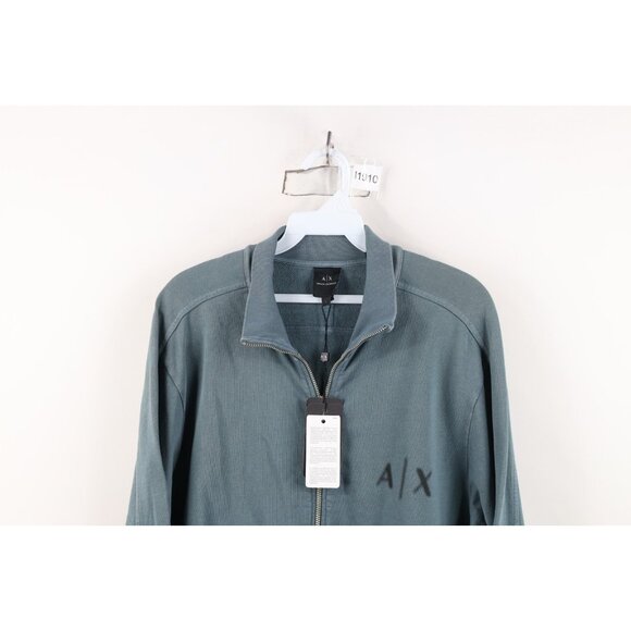 New Armani Exchange Mens Large Spell Out Full Zip Terry Cloth Sweatshirt Teal - Picture 2 of 16